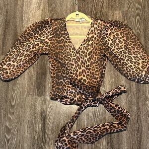 Ganni mesh leopard wrap top
